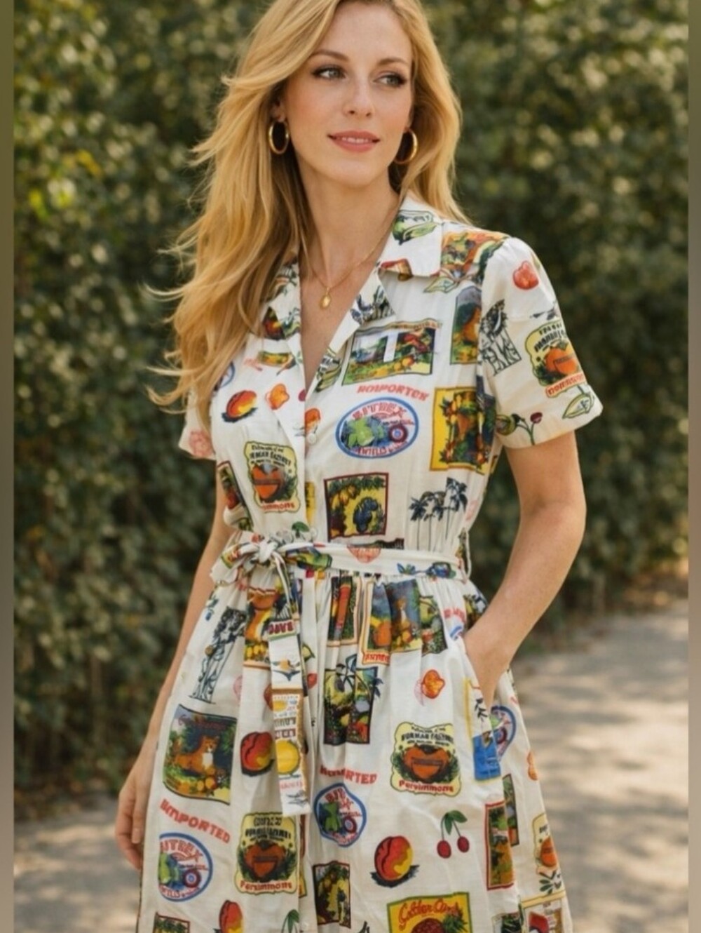 NEW Jane & Delancey Tropical Fruit Belted Linen Blend Midi Shirt Dress Size M